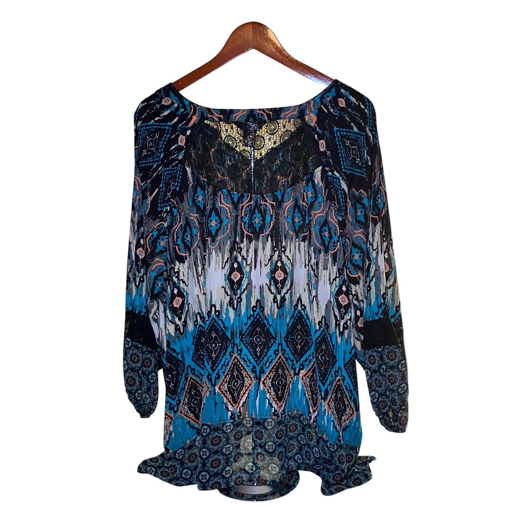 Multiples Peasant Blouse Women 3X Blue Boho Mixed Print Tassel Lace Trim Top - Picture 9 of 12